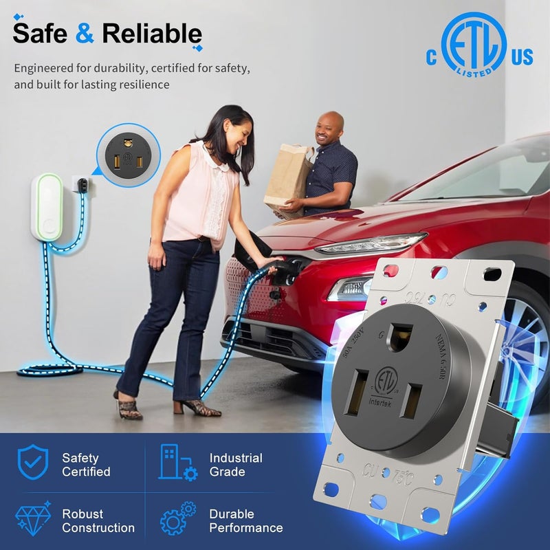 HYDUUU NEMA 6-50R Receptacle 50A Welder Wall Socket 250V 240V 220V Outlet Flush Mount Grounding Side Wired Industrial Grade for EV Charger Heater Plasma Cutters Electric Stove ETL Listed - Image 2